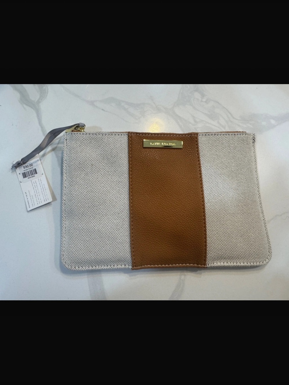 kate spade Beige Canvas with Tan Leather Center Zip Pouch
